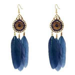 Navy Blue & Gold Feather Boho Tribal Drop Earrings